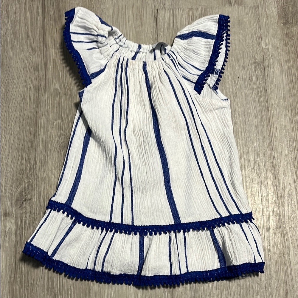 White and Blue Ruffled Tiered Sundress with Flutter‎ Sleeves